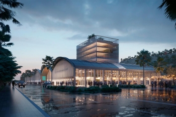 render de las instalaciones finalizadas del bluetechport en los tinglados del muelle de sant bertran.