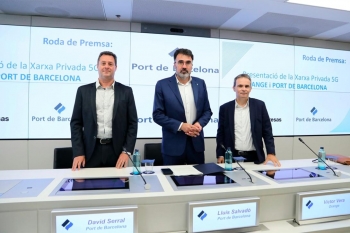el director de sistemas de información del port de barcelona, david serral, el presidente del port de barcelona, lluís salvadó, y el director de empresas de masorange en cataluña, victor vera.